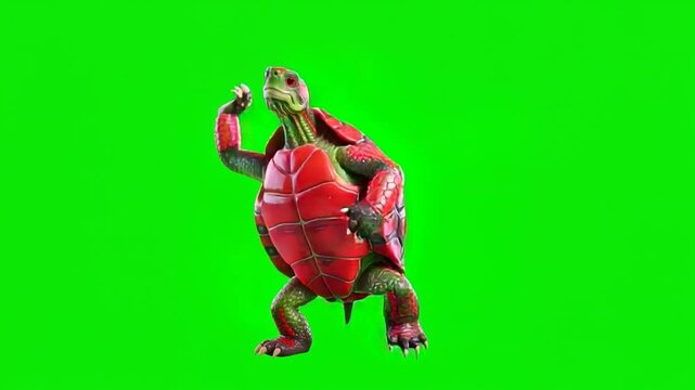 red eared turtle dancing, isolated on green screen for vfx projects video