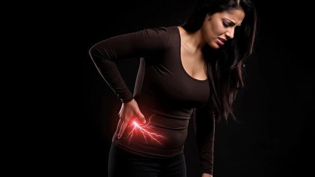 Middle Eastern Woman Experiencing Lower Back Pain Holding Her Side in Dark Studio with Red Pain Aura