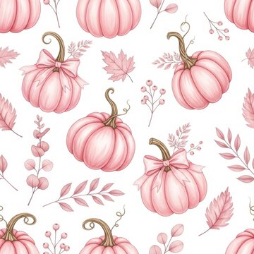 Charming pink pumpkin pattern with autumn leaves and berries for seasonal decor