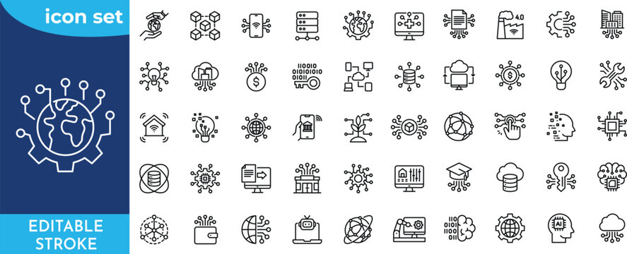 Digital Transformation line editable icon set. Editable stroke. Contain icons related to digitalization, digital services, internet, cloud computing, technology, and more.