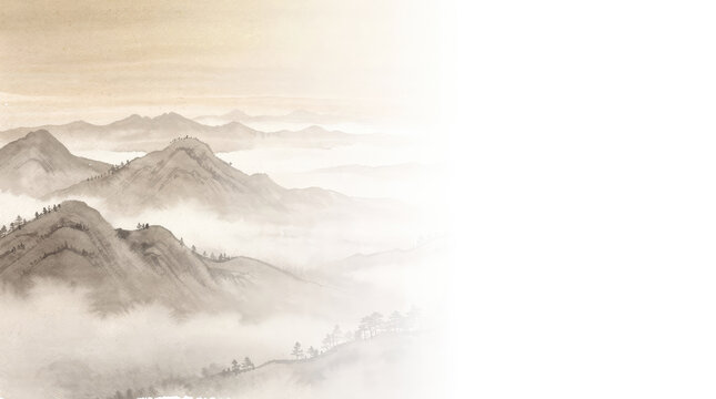 Traditional east asian ink wash painting of layered mountain ranges, misty peaks, and valleys with a large white negative space on the right side