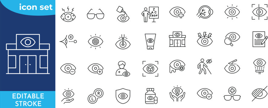 Ophthalmology line editable icon set. Editable stroke. Contain icons related to medical eye care, optometry, vision correction, and more.