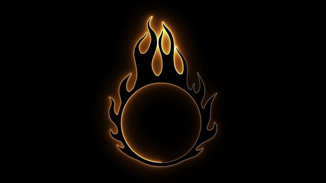 Neon fire ring. Glowing flame icon. Gold fire circle. Hot neon border. Burning ring. Fire logo element. Golden flame art. Neon energy sign. Mystical fire. Heat circle glow.