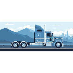 Obraz premium A blue semi-truck tractor unit driving on a highway with mountains and a city skyline in the background, depicted in a flat vector art style.