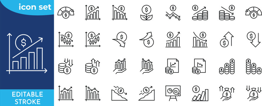 profit and loss icon set. Editable stroke. Contain icons related to increase, decrease, graph, profit and loss statement, and more.
