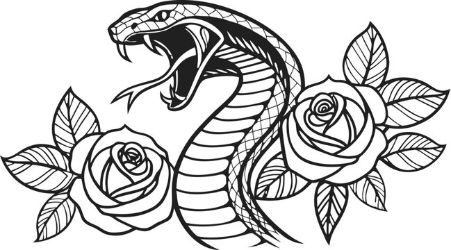 Vintage snake and rose tattoo engraving vector illustration. A highly detailed black and white vector illustration of a fierce cobra snake coiled in an elegant S-shape, with its hood raised, mouth ope