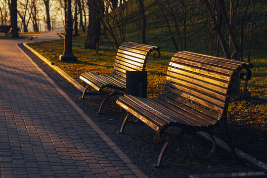 Beautiful park at sunrise time on Volodymyrska girka park in Kyiv, Ukraine