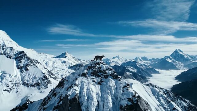 Snow leopard perched atop a majestic snowy mountain peak