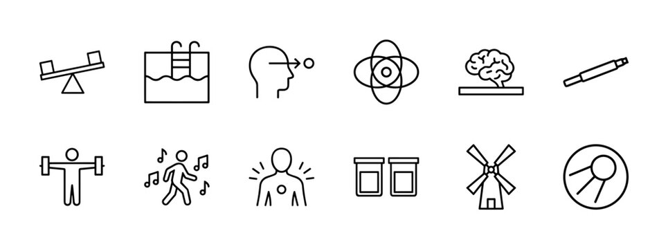 Science and physics minimalist outline icon grid with atomic and mechanical symbols
