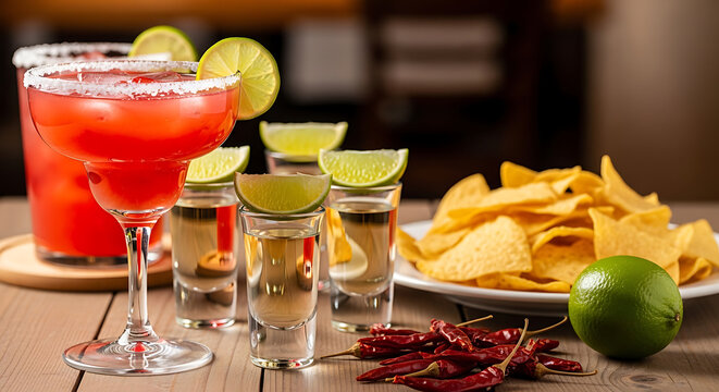 Red margarita cocktail with tequila shots lime and tortilla chips alcohol beverage