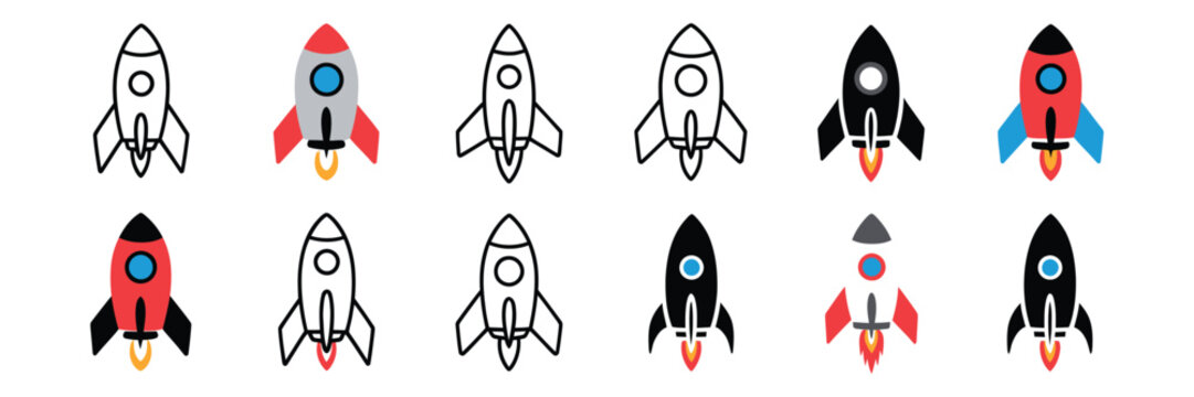 Startup rocket launch icon collection, flat and line style spaceship symbols representing innovation, growth, and business success, simple modern vector illustration set for digital design.