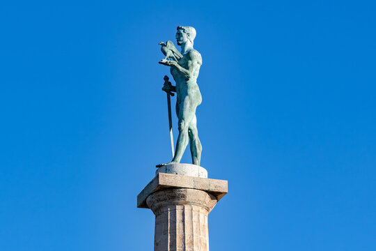Monument of The Victor on Kalemegdan Fortress against clear blue sky in Belgrade Serbia