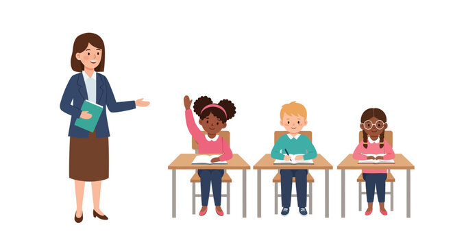 Teacher interacting with diverse students in a classroom setting