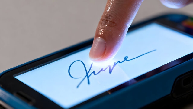 Digital Signature Confirmation: A close-up shot captures a person's finger finalizing an electronic signature on a sleek, modern device, highlighting technology's role in modern authentication.