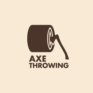 Axe throwing minimal logo design. Axe stuck in the piece of log wood symbol logo icon sign vector illustration