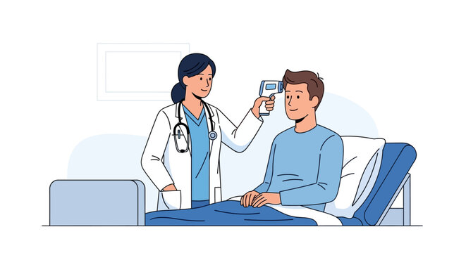 Doctor checking patient's temperature in hospital room illustration