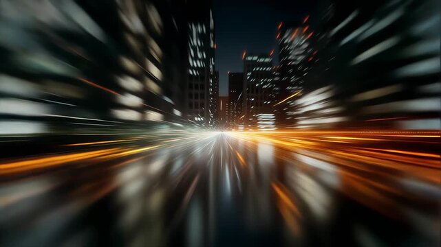 High speed motion blur through futuristic city street at night with dramatic light trails and modern skyscrapers