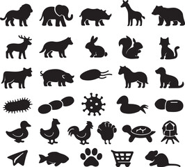 Fototapeta premium Collection of Diverse Animal Silhouettes and Microbe Icons, Flat Design Vector Illustration