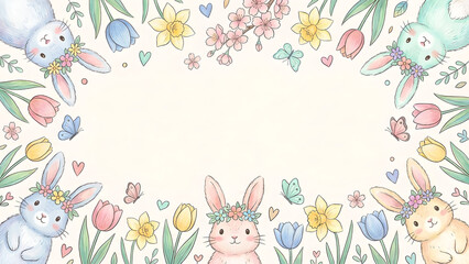 Obraz premium Whimsical Bunny Garden Art with Pastel Flowers and Butterflies