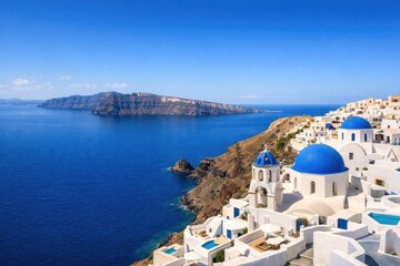 Naklejka premium White buildings with blue domes overlooking the aegean sea and caldera cliffs in oia, santorini, greece under a clear bright blue sky