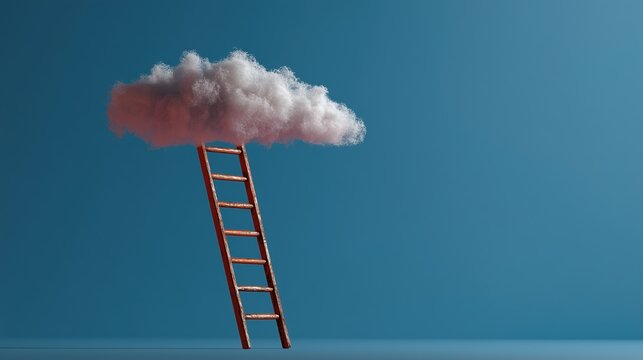 Une &eacute;chelle rouge menant vers un nuage ros&eacute; dans un ciel bleu turquoise