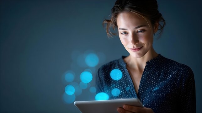 Femme souriante utilisant une tablette avec effets lumineux bleus