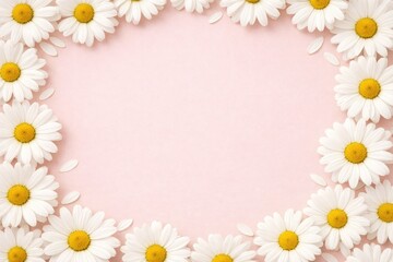 Obraz premium White daisy flowers arranged in a rectangular frame border on a solid pastel pink background, with scattered loose, petals around the edges
