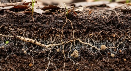 Fototapeta premium Cross-section of soil revealing intricate plant root system and fungal hyphae