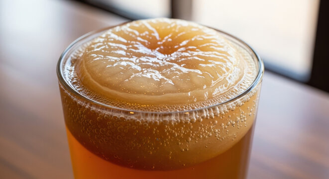 Close-up of a glass of kombucha with a SCOBY floating on top and bubbles