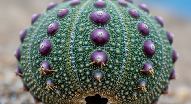 Intricate macro detail of a green sea urchin shell with purple tubercles and spines