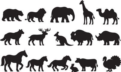 Obraz premium Diverse Animal Silhouettes Collection: Wildlife, Farm and Safari Animals Vector Illustration