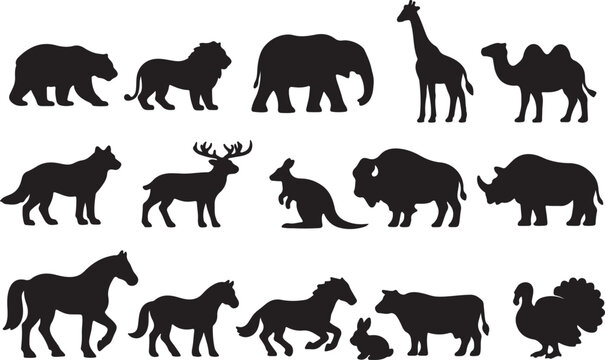Diverse Animal Silhouettes Collection: Wildlife, Farm and Safari Animals Vector Illustration