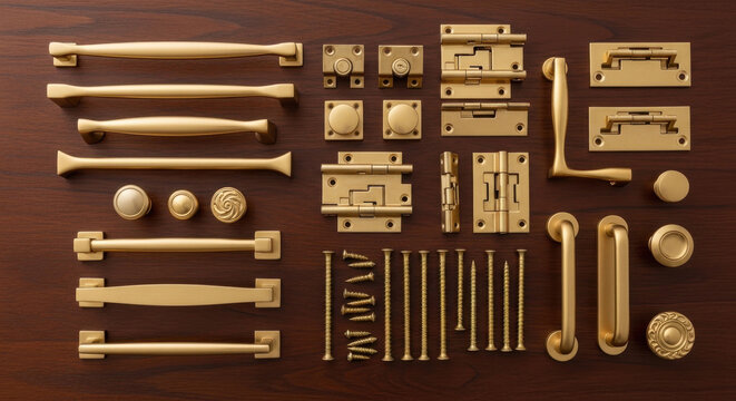Collection of brass cabinet hardware and screws laid out on a wooden surface