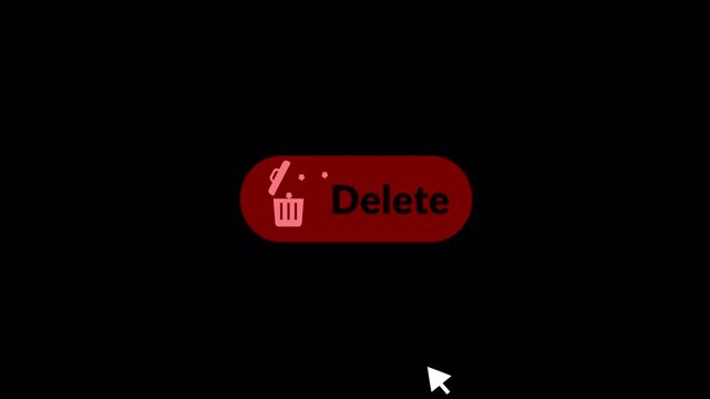 'DELETE' button with trash icon animation. Mouse  cursor throws garbage in trash bin , signifying data removal or system clean up symbol animation  in 4k video on  black background 