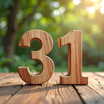 Wooden number 31, natural rustic design, blurred natural outdoor backdrop, soft natural lighting.