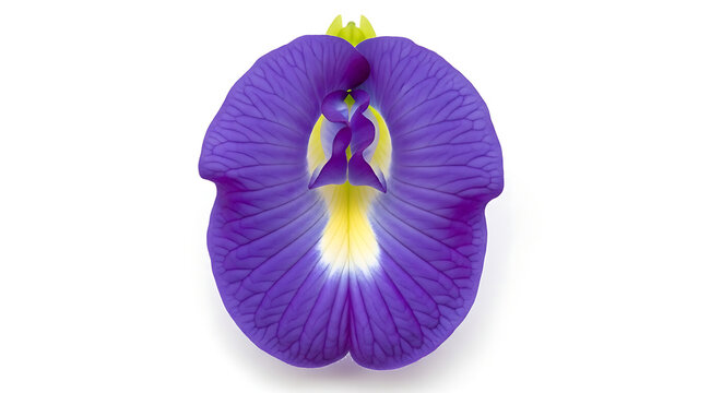 Close-up of a single purple butterfly pea flower, with blue petals and yellow accents, isolated on white background, clitoria ternatea