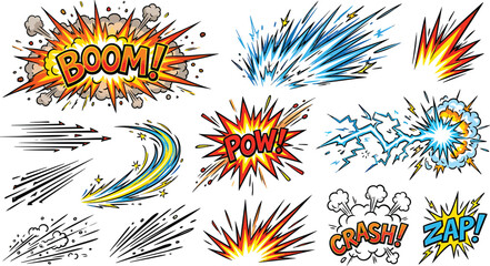 A collection of vibrant comic book style explosion graphics and sound effects Ai, eps, jpg, transparent background, png © PYARA