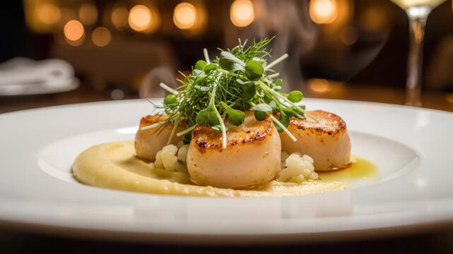 Elegant scallops with pea shoots on creamy puree, warm lighting, and a gourmet presentation