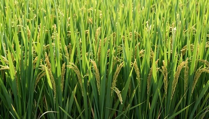Obraz premium Lush green rice field with ripening grains swaying gently in the warm sunlight
