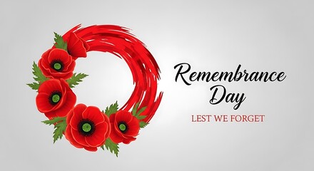 Remembrance Day red poppy wreath with Lest We Forget text, floral memorial banner for Anzac Day, poppy flower circle on white background