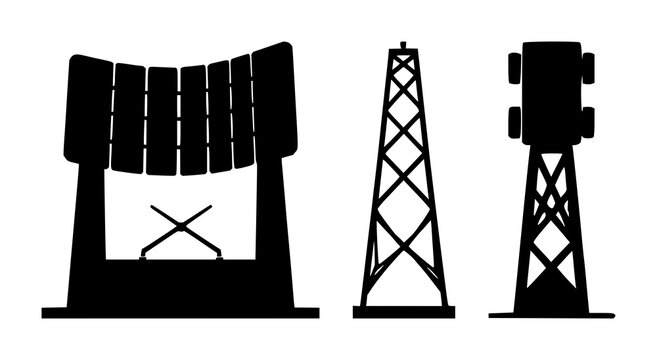 Edge computing signal tower set with solid black icon on white background featuring telecommunications, network, technology with signal, tower