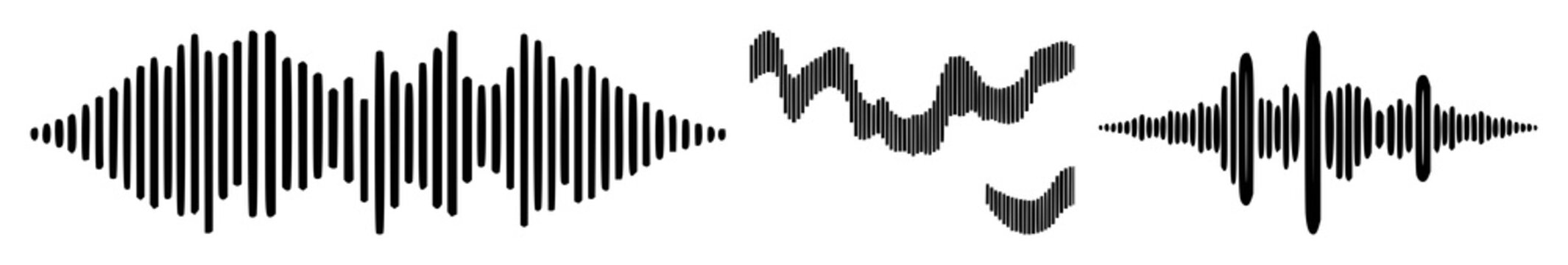 Natural language processing sound waves icon set with flat black design on white background featuring audio, typography, tech with AI and speech