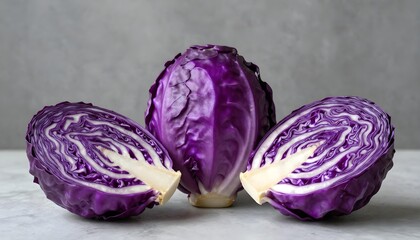Obraz premium Whole and halved red cabbage heads arranged on a textured gray surface