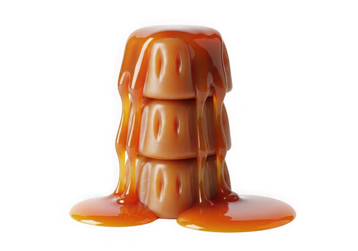 A stack of caramel candies with gooey caramel sauce isolated on transparent background