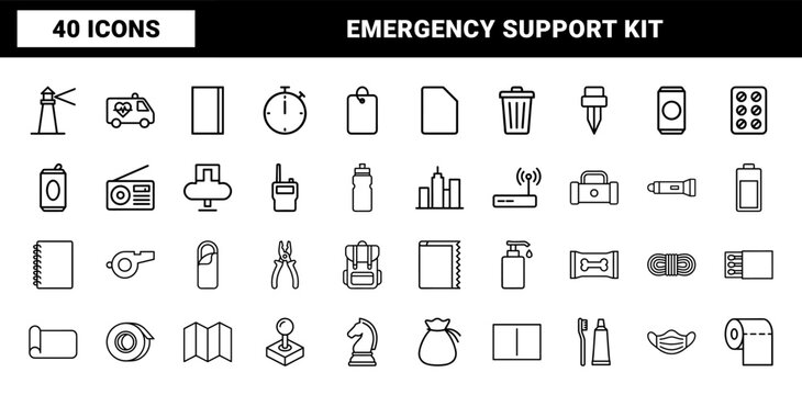 Emergency preparedness and survival kit outline icon set