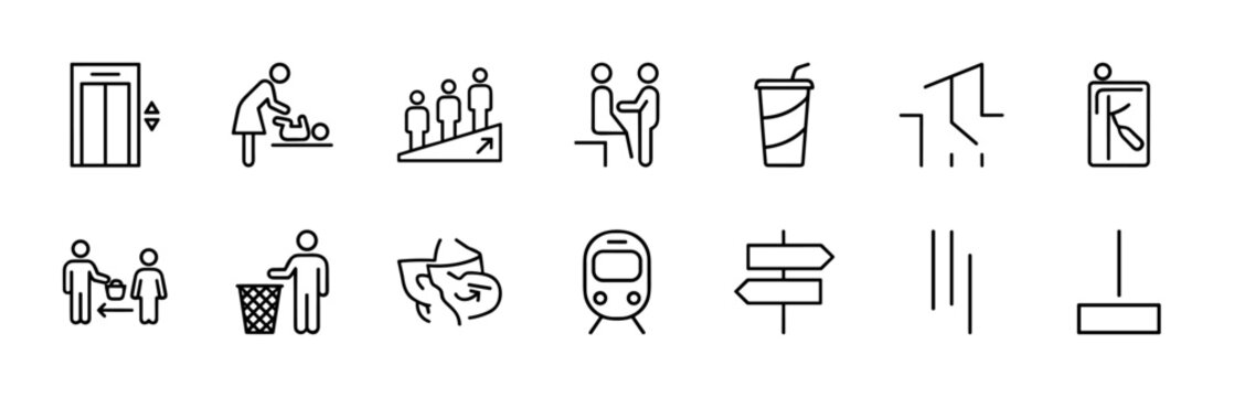 Minimalist public mall navigation and facility service outline icons
