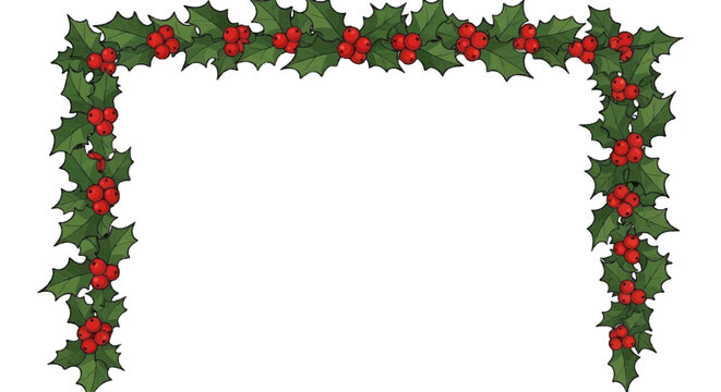 Christmas frame with holly leaves and berries, festive design vector plain white background