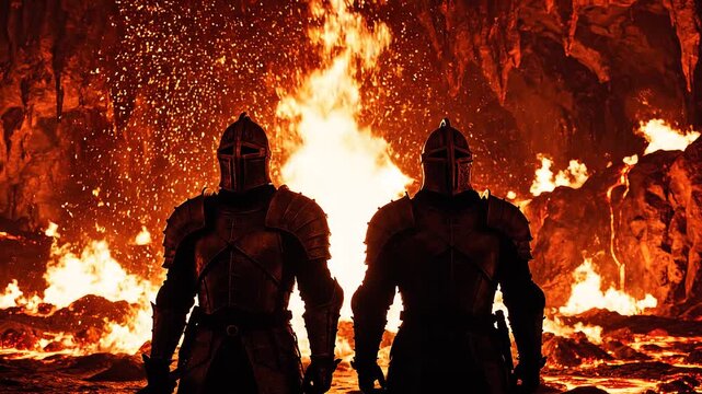 Two Medieval Knights in Full Plate Armor and Helmets Standing in Front of a Massive Burning Fire and Lava in a Dark Fantasy Underworld Cave Background
