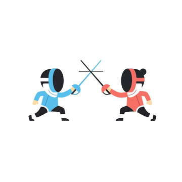 Two cartoon fencers in blue and red outfits clashing swords on a white background, illustration