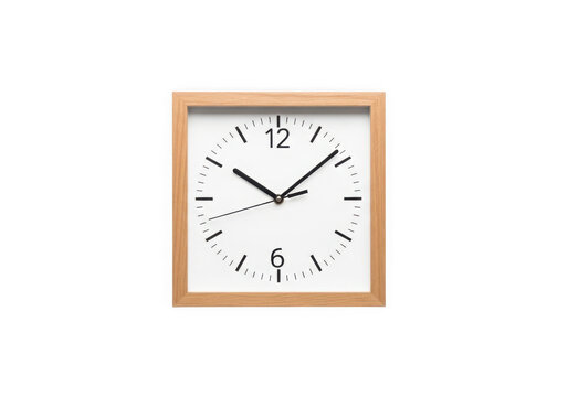 A square clock with a wooden frame and white face isolated on transparent background